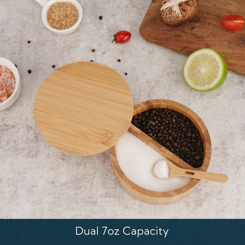 KITCHENDAO Bamboo Salt and Pepper Bowl Box Cellar Container Divided, Built-in Serving Spoon to Avoid Dust, Swivel Lid to Keep Dry, Sea Salt Spice Seasoning Keeper Holder, Dual 7 Ounce Capacity - Image 2